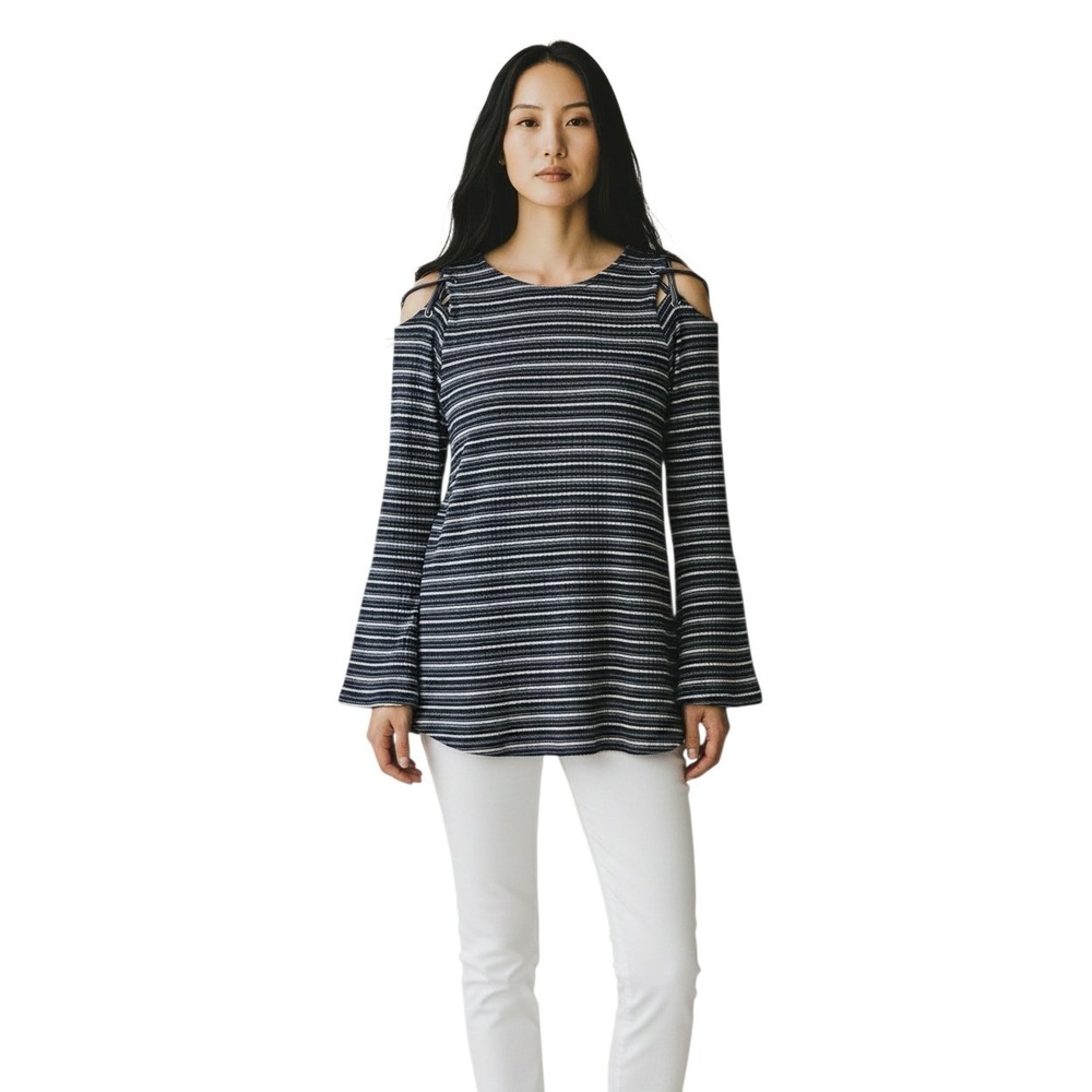 Doe & Rae Cold Shoulder Ribbed Knit Tunic Women's Small Navy White Striped Top